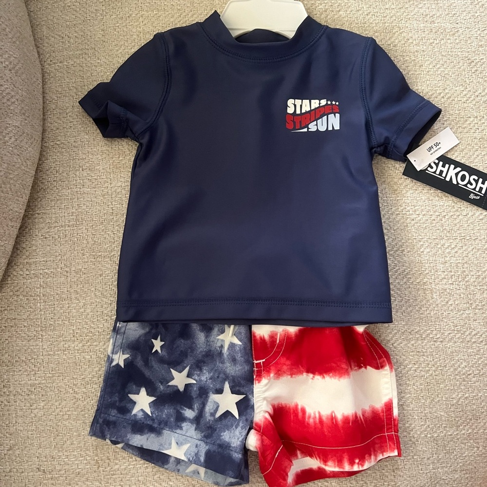 Oshkosh American Flag Baby Boy Swimsuit and Rash Guard - 6 months NWT